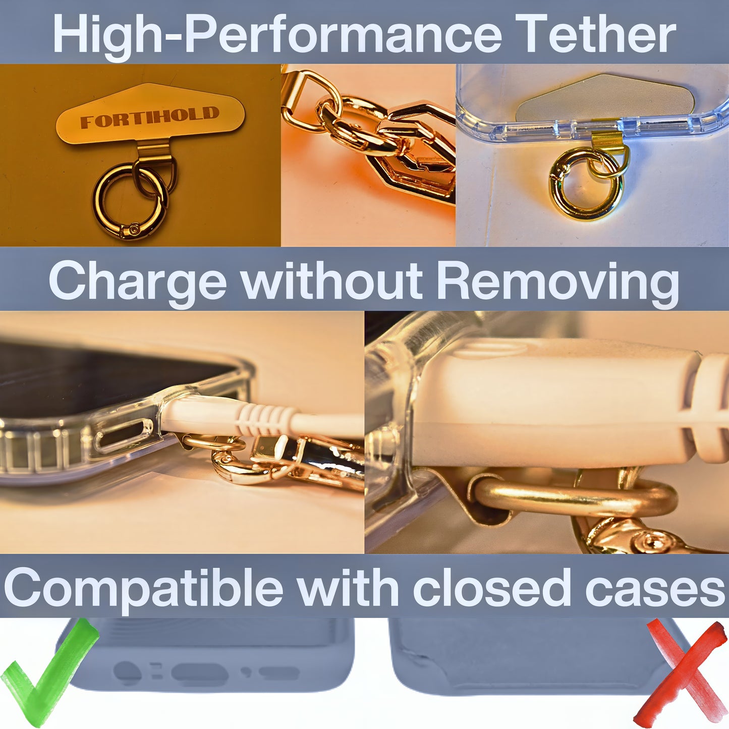 FORTHOLD Crossbody Phone Chain - Secure Tether - Trendy Gold-Colored Foxtail - Hands-Free Chic Phone Lanyard Strap - Anti-Theft - Universal Compatability - iPhone, Pixel, Galaxy