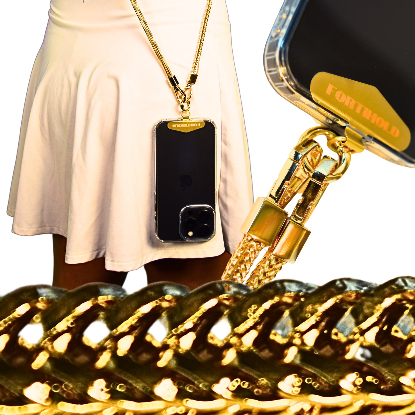 FORTHOLD Crossbody Phone Chain - Secure Tether - Trendy Gold-Colored Foxtail - Hands-Free Chic Phone Lanyard Strap - Anti-Theft - Universal Compatability - iPhone, Pixel, Galaxy