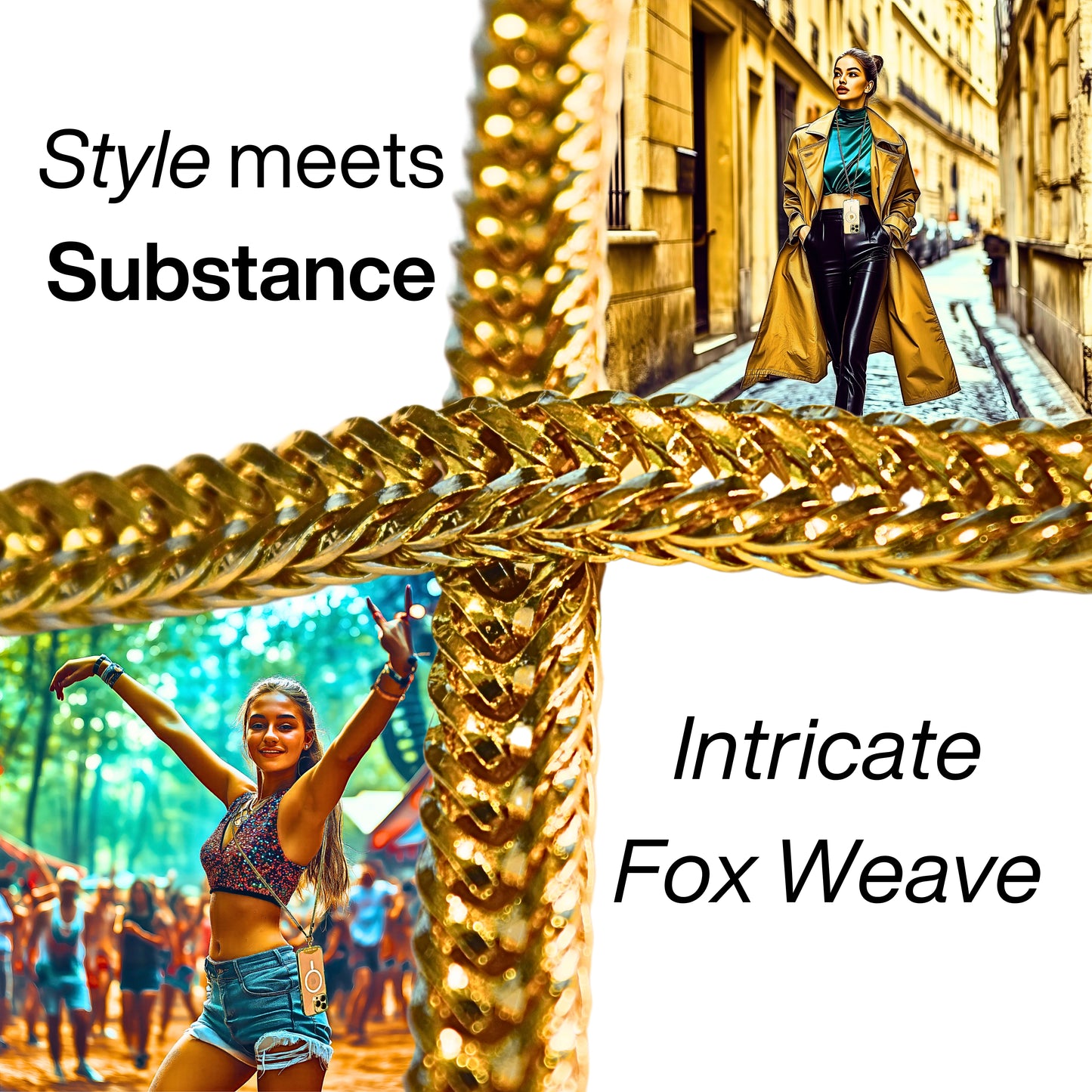 FORTHOLD Crossbody Phone Chain - Secure Tether - Trendy Gold-Colored Foxtail - Hands-Free Chic Phone Lanyard Strap - Anti-Theft - Universal Compatability - iPhone, Pixel, Galaxy